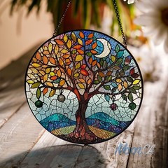 Tree Of Life Stained Glass Suncatcher With Crescent Moon, Gifts, Family Tree Sun