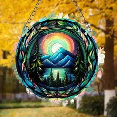 Moonrise Over Forest Mountain Lake Suncatcher Double Sided Round Acrylic Decor