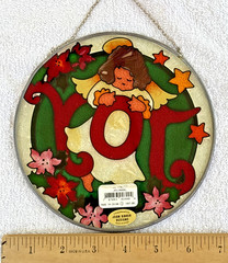 Vintage Joan Baker Stained Glass Sun Catcher Hand Painted Christmas Joy 7″