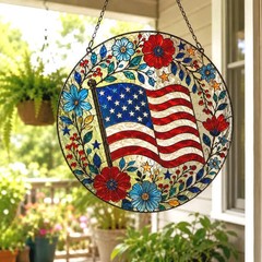 American Floral Flag Stained Glass Suncatcher Patriotic Decor