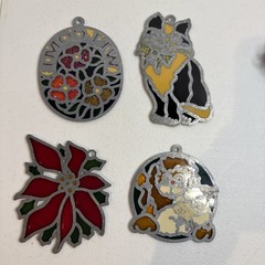 Lot Of Vintage Resin Stain Glass Sun Catchers Cat Poinsetta Lion Lamb Flowers