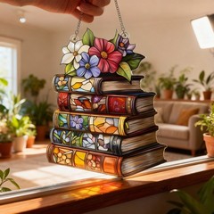 Book Lover Acrylic SuncatcheBookr Stacked Books with Flowers Window Hanging Gift