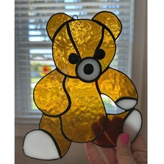 Vintage Stained Glass Teddy Bear Suncatcher Amber Honey Nursery Window Decor