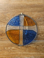 Leaded Stained Glass Suncatcher Cross 9.5″ Blue, Amber Clear