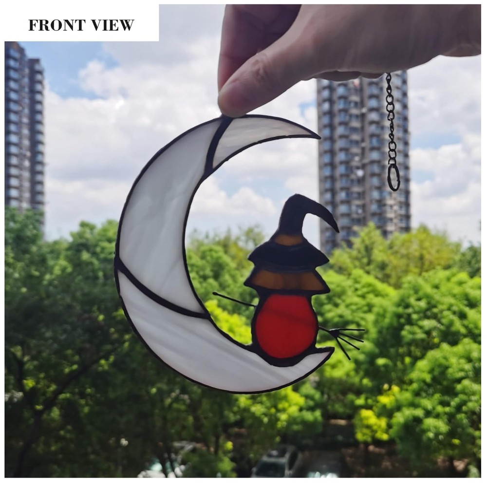 Moon Witch Stained Glass Window Hanging – Halloween Decor