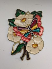 Vtg Stained Glass Sun Catcher Butterfly Flower Design