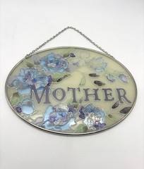 Stained Glass Sun Catcher Vtg Joan Baker MOTHER Blue Roses 7” Oval Floral