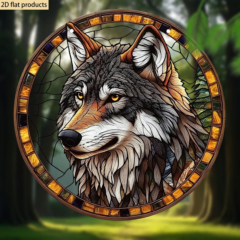 Gray Wolf Acrylic Suncatcher Round Nature Themed Window Wall Home Wreath Decor