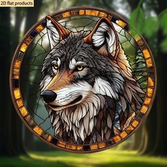 Gray Wolf Acrylic Suncatcher Round Nature Themed Window Wall Home Wreath Decor
