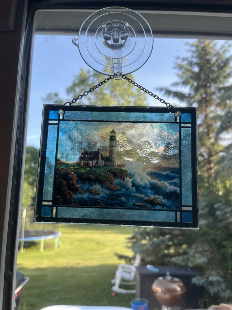 Vintage Thomas Kinkade Stained Glass LIGHT IN THE STORM 5”x6.25” Lighthouse