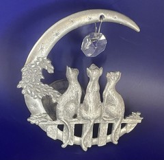 Half Moon Shaped Pewter three cats sitting on fence with dangling crystal