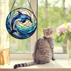 Dolphin Stained Glass Suncatcher – 9” Ocean Wave Window Hanging Decor Gift for