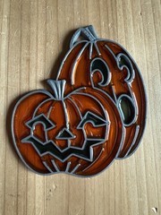 Vintage NFR Halloween Pumpkins Glass Metal Suncatcher