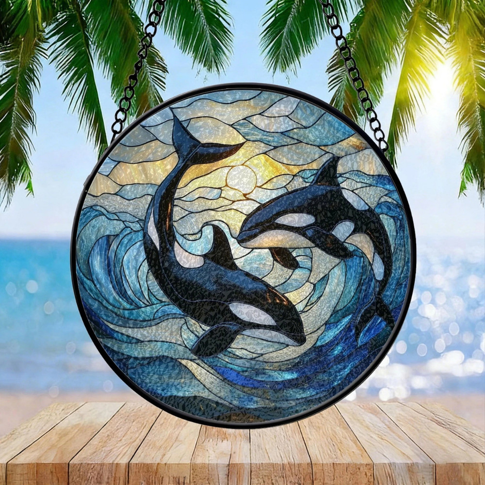 Orca Whale Stained Glass Suncatcher, Coastal Window Hanging Decor
