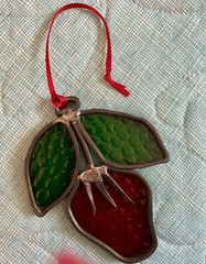 Vintage Hand Made Stained Glass Strawberry Window Sun Catcher Ribbon Hanger 4”