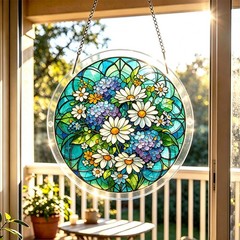 Classic White Daisy Hydrangea Round Acrylic Puzzle Suncatcher Wall Hanging