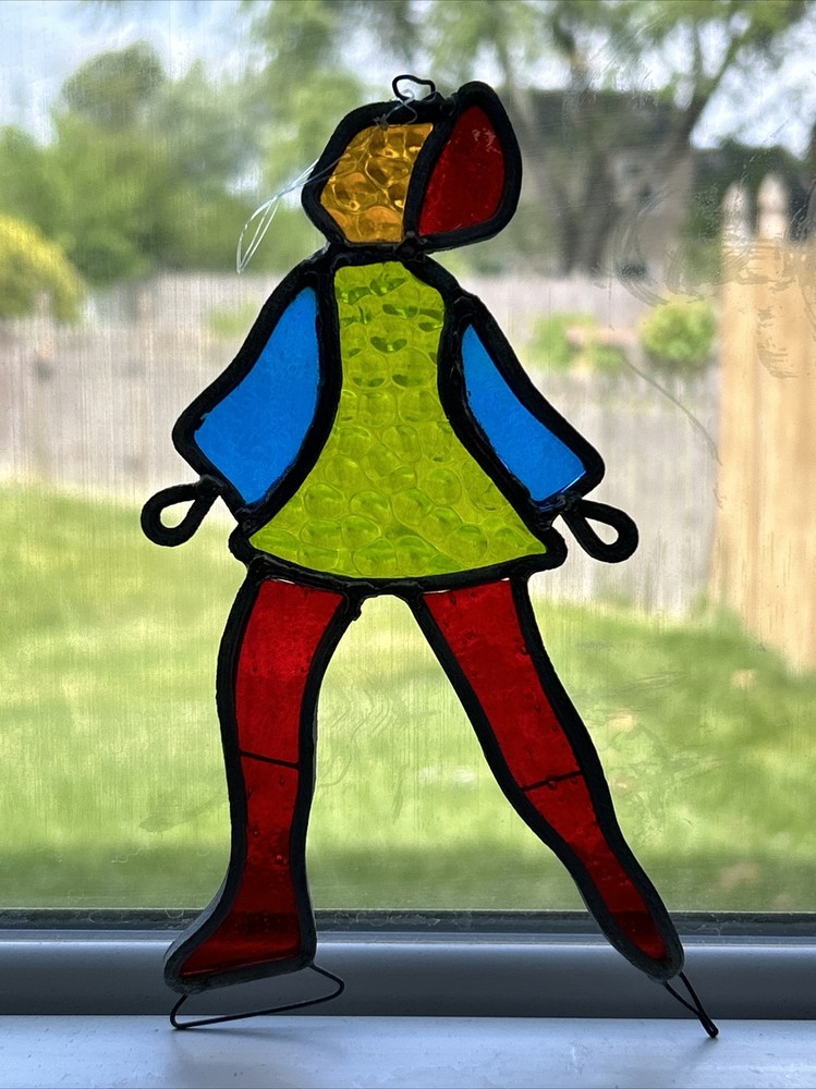 Vintage Stained Glass Suncatcher Ice Skater Skating Ornate Ornament 6”