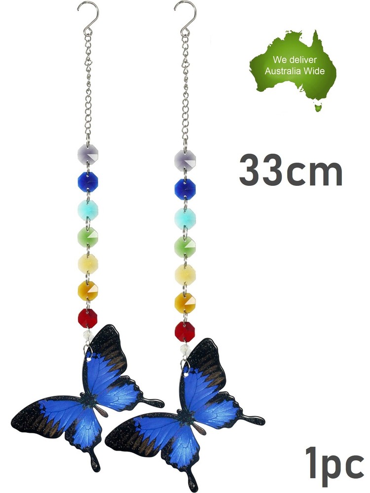 33cm Crystal CHAKRA 7 COLOUR Blue Butterfly Mobile Home Decor Gift Hanging Gem