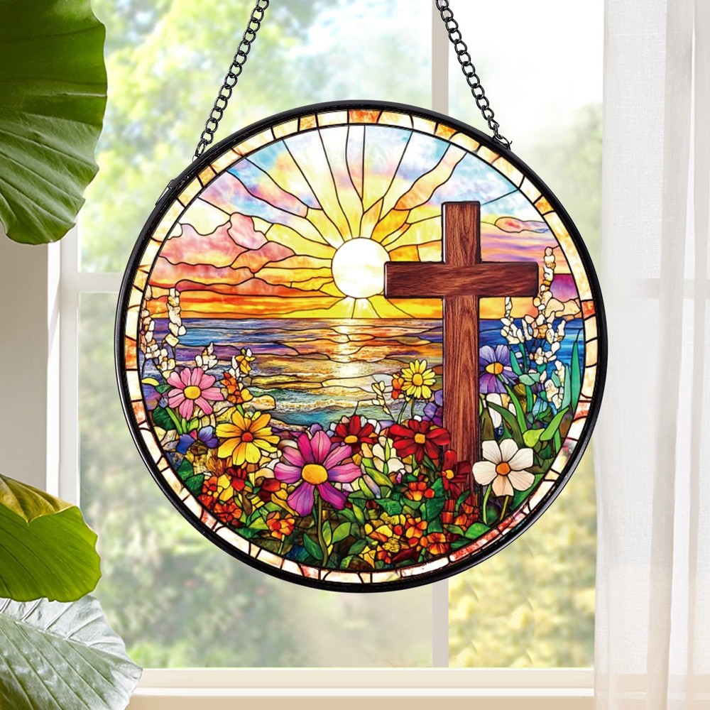 Cross Flower Stained Glass Window Hanging Gift, 7.8″ Sun Catchers Indoor Wind…
