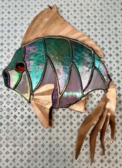 Vintage Stained Glass Rainbow Fish Suncatcher Dichroic Green/Pink w/Copper Fins