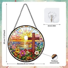 Cross Flower Stained Glass Window Hanging Gift, 7.8″ Sun Catchers Indoor Wind…