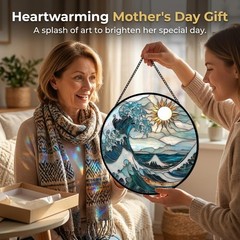“Blue Giant Waves Faux Stained Glass Sun Catcher – Home Decor Gift for Women”