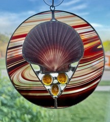 Handmade Stained Glass Sun catcher W Scallop Seashell W Amber Glass Jewel-SC1B1