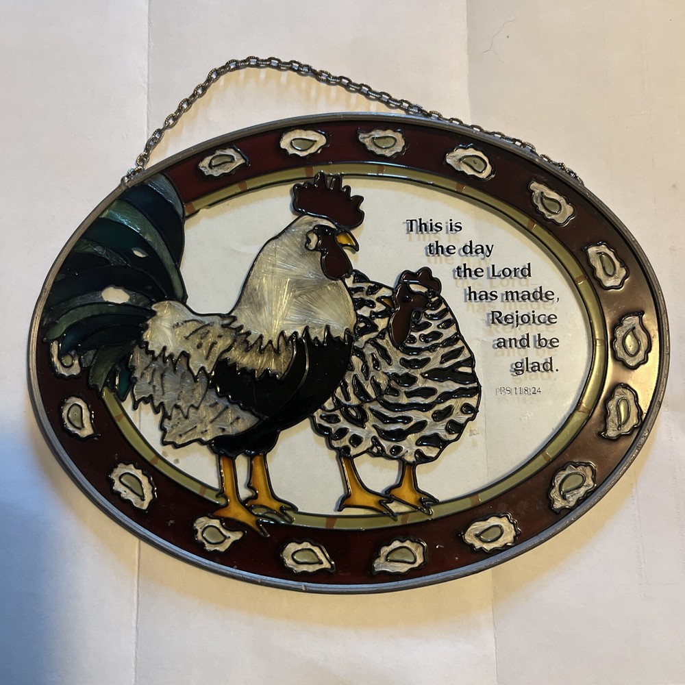 Joan Baker Designs Hand Painted Stained Glass Speckled Chickens Rooster VTG