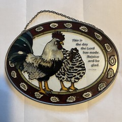 Joan Baker Designs Hand Painted Stained Glass Speckled Chickens Rooster VTG