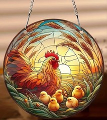 NWT 6″ Round Acrylic Suncatcher-Rooster & Chicks in Wheat-w/Chain Hanger 10.75″T