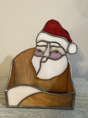 Stained Glass Metal Santa Face Christmas Box Planter Card Holder Candle Vtg