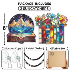 2 Floral Book Shelf Suncatchers 6″ Window Hanging Acrylic Ornaments Back to S…