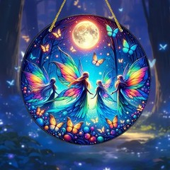 Colorful Fairy Butterfly Moon Round Hanging Sign Fantasy Art Home Decor Ornament