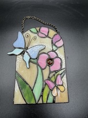 Vintage Colorful Flower Butterfly Stain Art Glass Window Hanging Sun Catcher
