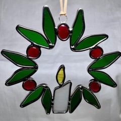 Vintage Stained Glass Christmas Holly Wreath Window Ornament Hanging 6”