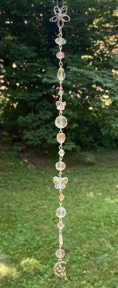 FAIRY/MOON/FLOWER CRYSTAL SUNCATCHER-PINKS-BUTTERFLIES 10.5″-HANDCRAFTED # 950