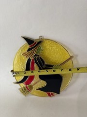 Vtg Suncatcher Acrylic Hanging Halloween Witch On Broom Large Round 9.5″ x 8.5″