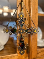 Decorative Metal Stained Glass Style Cross Window Hanging Rustic Mission Decor