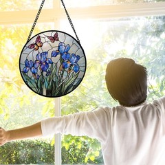 DASTOLL Stained Glass Window Hanging, Blue Iris Flowers 7.8×7.8 IN, Purple