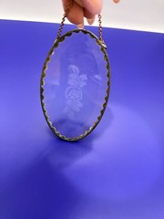 Vintage Etched Floral Sun Catcher Clear Beveled glass wrapped Metal Edge.