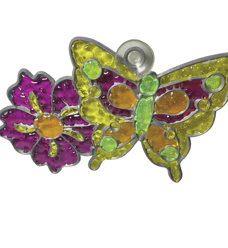Vintage Style Butterfly & Flower Faux Stained Glass Suncatcher