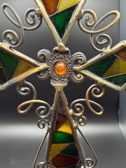 Decorative Metal Stained Glass Style Cross Window Hanging Rustic Mission Decor