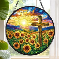 Stained Glass Window Cross Sun Catcher 8 Inch Christian Wall Art Decor