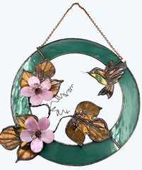 Stained Glass & Metal Hummingbird Sun Catcher 3D Flowers Wall Hanging Signed 10.