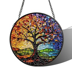 Colorful Tree of Life Stained Glass Suncatcher for Window Decor, 6.3 Inch