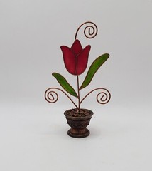 Vintage SunCatcher Red Tulip Green Leaves Metal Brown Flower Pot Photo Holder 6″