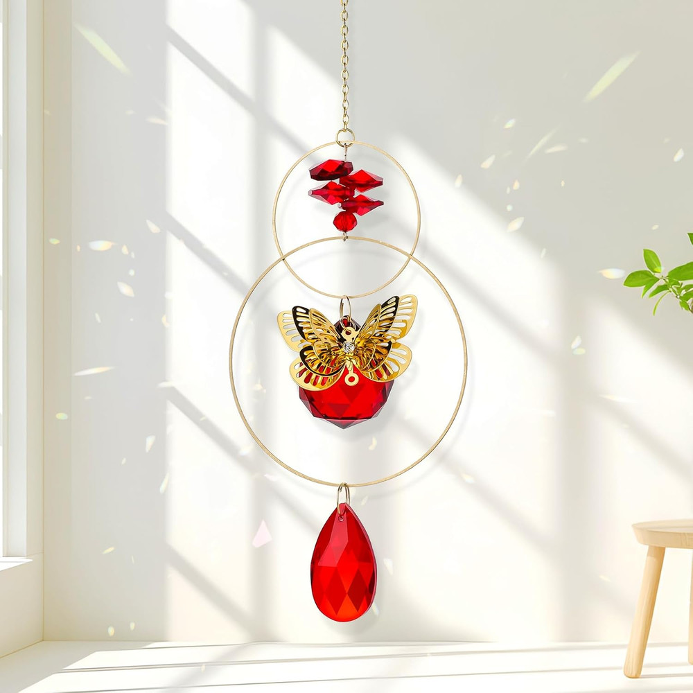 Crystal Suncatcher Wind Chimes,Red Crystal Suncatcher Prisms Butterfly Sun Catch