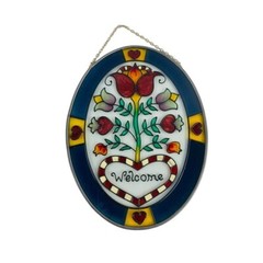 Painted Glass Oval Welcome Suncatcher Tulip Heart 7″ x 5.5″ Ready to Hang