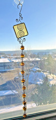 OOAK VTG Art Glass Sun Catcher Dichroic Gold-Colored Glass & Brass Large Heavy
