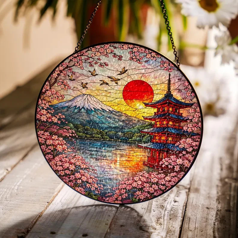 Japanese Pagoda Mount Fuji Suncatcher Glass Scenic Landscape Home Decor Gift